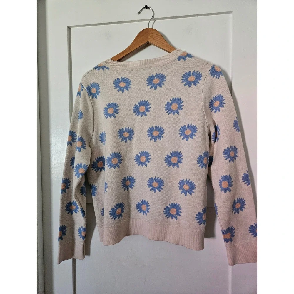 Adrianna Papell Daisy Floral Intarsia Knit Sweater Large Blue Cream
